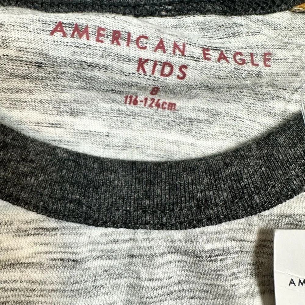 NWT American Eagle Youth Boys Baseball Long Sleeve Gray Graphic Tee Shirt Size 8